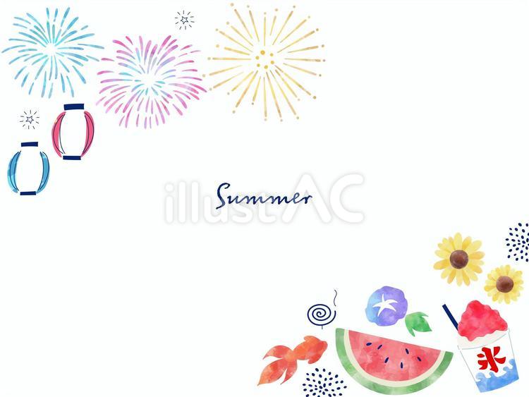 かわいい水彩の夏イラストフレーム 夏祭り,夏,花火のイラスト素材