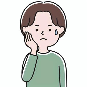 センター分け男性 上半身 手頬_影 5A 困る,焦る,困惑,汗,どうしよう,たらり,こわい,悩み,相談,不信のイラスト素材