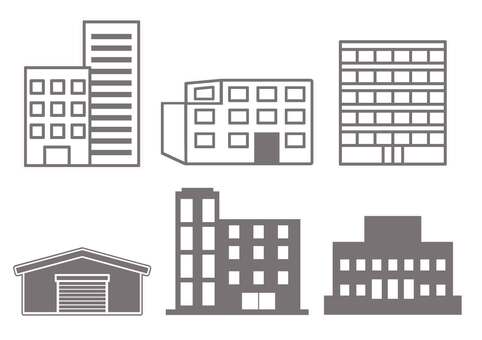 建物アイコンセット ビル,マンション,アパート,会社,正面,窓,オフィス,社屋,企業,経営のイラスト素材