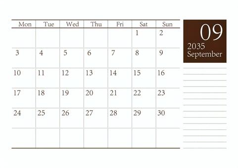 月曜始まりカレンダー2035年9月A4 月曜始まり,9月,９月,カレンダー,2035年カレンダー,2035,令和17年,シンプル,テンプレート,すっきりのイラスト素材