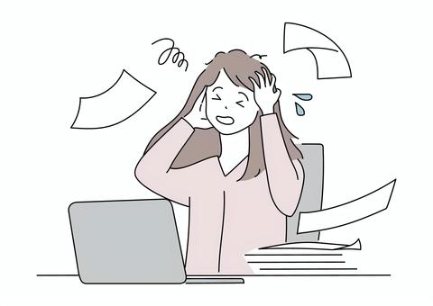 パソコンの前で困って頭を抱えている女性 パソコン,pc,仕事,ビジネス,書類,残業,トラブル,問題,困る,心配のイラスト素材