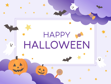紫の雲とかぼちゃのハロウィン横型POP ハロウィン,halloween,happyhalloween,フレーム,枠,飾り枠,横,横型,対角,雲のイラスト素材