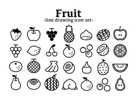 フルーツのアイコンセット フルーツ,果物,アイコン,線画,イチゴ,マスカット,みかん,梨,リンゴ,レモンのイラスト素材