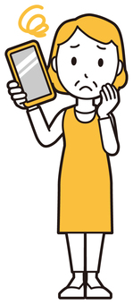  エプロンおばちゃん(黄)-224-全身 スマホ,困る,おばちゃん,エプロン,お母さん,ママ,中年,おばさん,主婦,人物のイラスト素材