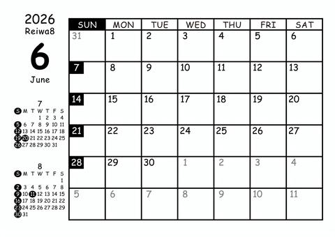 2026 6月カレンダー横 日曜 白黒 2026 6月カレンダー横 日曜 白黒 横,マンスリー,カレンダー,6月,6,june,2026年,2026,令和8年,日曜始まりのイラスト素材