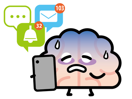 通知が多すぎる 通知,スマホ,多い,脳,脳みそ,困る,恐怖,キャラクターのイラスト素材