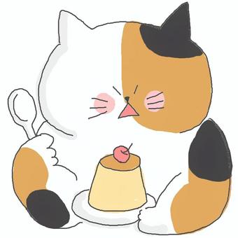 プリンを食べる三毛猫ちゃん♪ プリンを食べる三毛猫ちゃん♪ かわいい,プリン,デザート,スイーツ,たべもの,食べる,いただきます,甘い,さくらんぼ,果物のイラスト素材