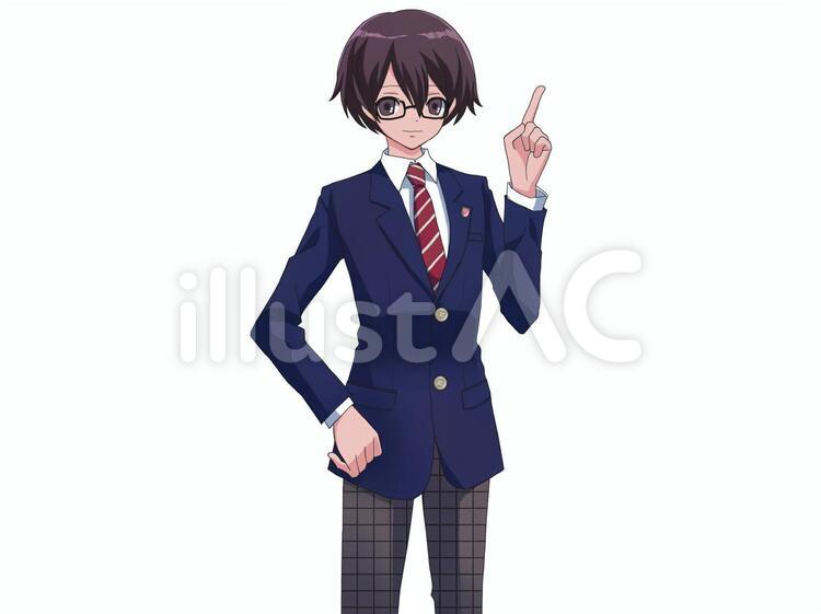 何かを紹介する男子学生 メガネ男子,童顔,男子学生のイラスト素材
