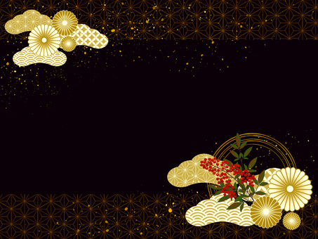 新年を彩る・菊と南天の迎春素材【1】 お正月,新年,迎春,菊,南天,12月,1月,和風,イラスト,背景素材のイラスト素材