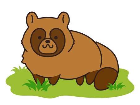 草原背景付きたぬき たぬき,狸,背景付き,タヌキ,害獣,かわいい,正面,動物,シンプル,草のイラスト素材