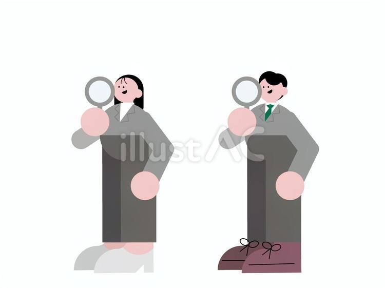 虫眼鏡を覗く男女の会社員のセット 虫眼鏡,覗く,見るのイラスト素材