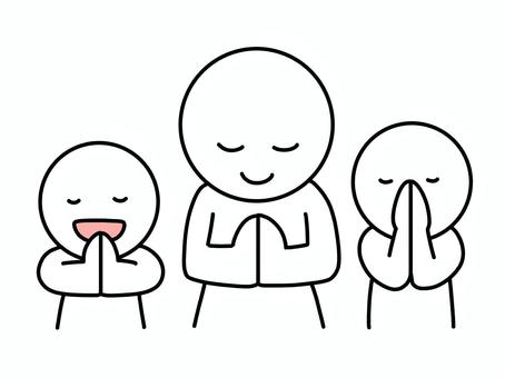 手を合わせて祈る3人の棒人間 祈る,拝む,棒人間,3人,笑顔,微笑む,かわいい,シンプル,人物,シュールのイラスト素材