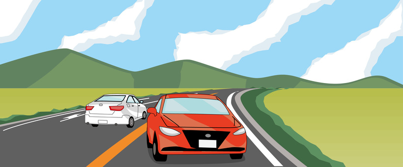 普通車走行　 普通車,セダン,走行,対向車,道路,車道,カーブ,車線,風景,景色のイラスト素材