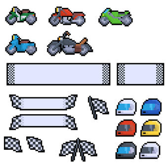 ドット絵　バイクヘルメットアイコンセット フラッグ,旗,モーターサイクル,レース,乗り物,レース旗,チェッカーフラッグ,レトロ,ゲーム風,デザイン素材のイラスト素材