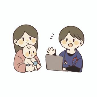 小児科で医師の診察を受ける親子 小児科,クリニック,病院,受診,診察,子ども,子供,赤ちゃん,医師,母親のイラスト素材
