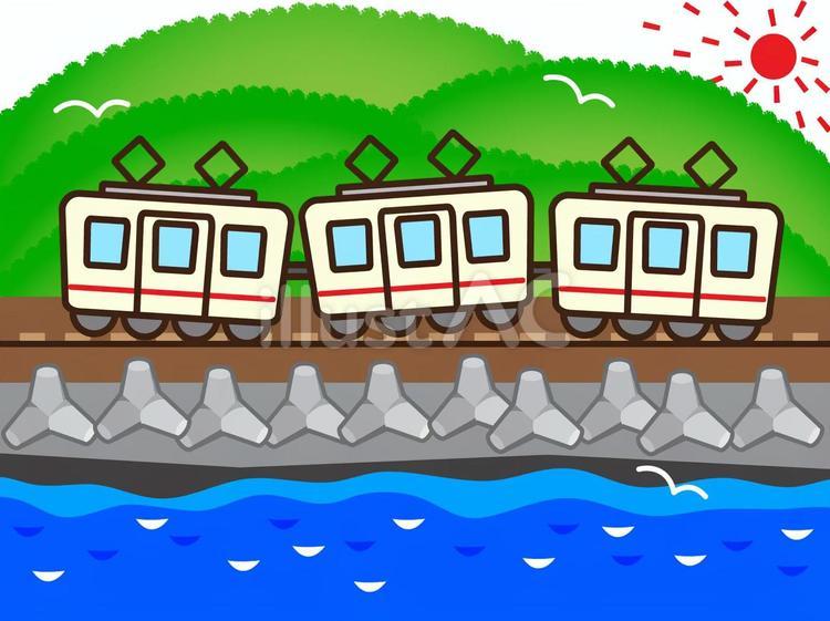 海辺を走る電車 夏,海,海辺のイラスト素材