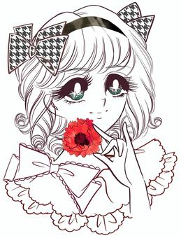 花を手に持つ昭和レトロ少女漫画のお姫様 少女漫画,漫画,お嬢様,お姫様,劇画,女子,恋愛,花,ポピー,アネモネのイラスト素材