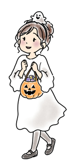 お菓子をもらいに歩く女性 010 ハロウィン,おばけ,女性,仮装,お菓子,バッグ,歩く,心配,かわいい,秋のイラスト素材