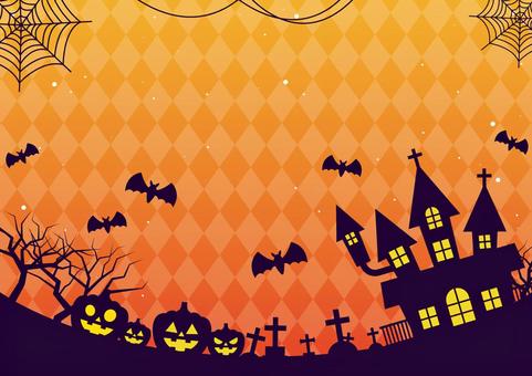 ポップなハロウィンのカボチャと洋館の背景 秋,ハロウィン,洋館,かぼちゃ,蝙蝠,お墓,蜘蛛の巣,木,ポップ,背景のイラスト素材