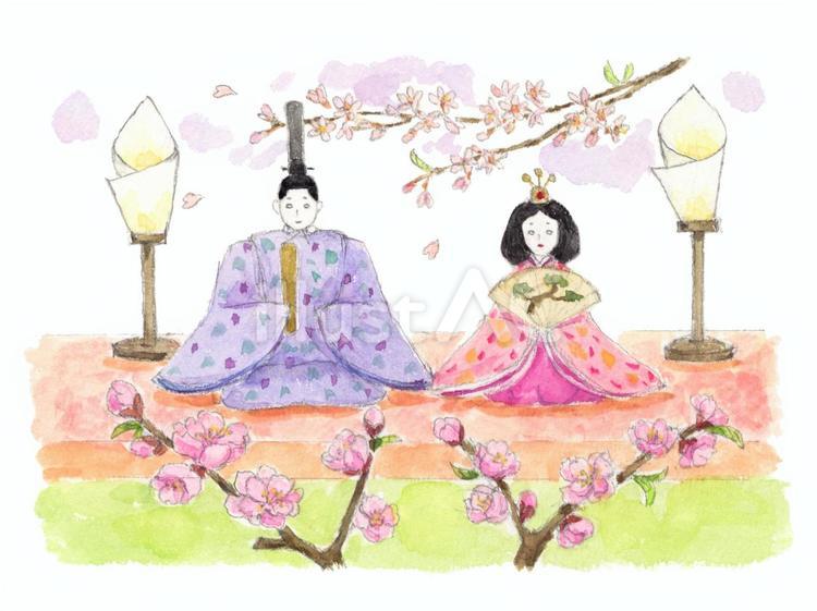 お雛様と桜、桃の花 お雛様,ひな祭り,手書きのイラスト素材