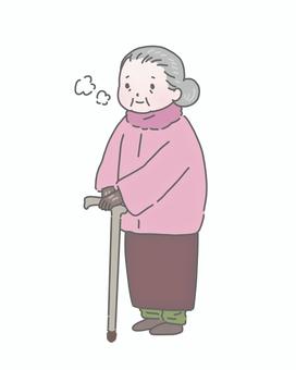 冬服で杖をつくおばあさん 高齢者,シニア,高齢女性,女性,介護,杖,冬服,コート,マフラー,手袋のイラスト素材