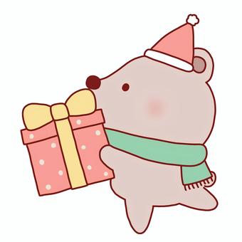クリスマスプレゼントを持ったくま クリスマス,プレゼント,くま,サンタ,帽子,持つ,マフラー,動物,冬,線画のイラスト素材