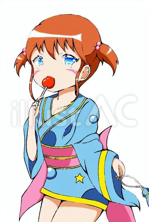 夏祭り　浴衣　りんご飴 ツインテール,可愛い,萌えのイラスト素材
