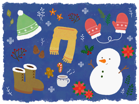 ゆきだるまと冬のアイテム 冬,雪だるま,マフラー,手袋,帽子,ブーツ,柊,コーヒー,クッキー,ポインセチアのイラスト素材