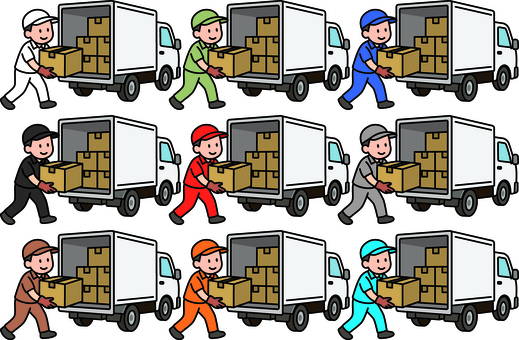 作業員の積み込み作業です。 運搬,トラック,シンプル,荷物,積み込み,車両,物流,荷台,運送,荷役のイラスト素材