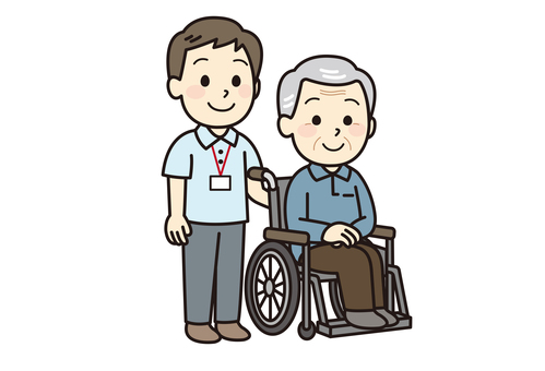 介護士と車椅子に乗ったおじいちゃん 介護士,高齢者,おじいちゃん,お年寄り,介護,男性,笑顔,シニア,ポロシャツ,車椅子のイラスト素材