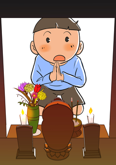 仏壇の中から孫を見守るご先祖様 先祖,守護霊,霊,仏壇,孫,手を合わせる,供養,祈り,家族,ご先祖様のイラスト素材