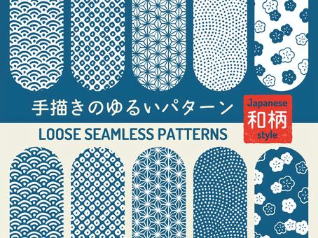 手描き和柄のシームレスパターンセット 和柄,手描き,シームレスパターン,パターン,セット,スウォッチ,和風,日本,藍色,藍染のイラスト素材