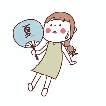 うちわで仰ぐ女性 女の子,女子,シンプル,かわいい,女性,うちわ,座る,汗,夏,暑いのイラスト素材