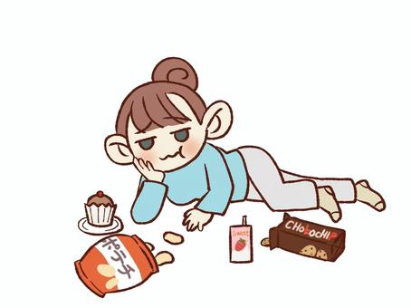 だらだら 怠ける,だらだら,女の子,怠惰,食べすぎのイラスト素材