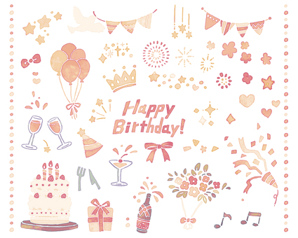 水彩風手描きバースデーパーティセット パーティー,バースデー,ガーリー,手書き,オシャレ,ガーランド,星,リボン,風船,クラッカーのイラスト素材