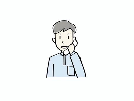 男性販売員　電話 電話,連絡,販売スタッフ,販売員,学生,ポロシャツ,上半身,男性,笑顔,手書きのイラスト素材
