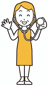  エプロンおばちゃん(黄)-139-全身 診察,おばちゃん,エプロン,お母さん,ママ,中年,おばさん,主婦,人物,かわいいのイラスト素材