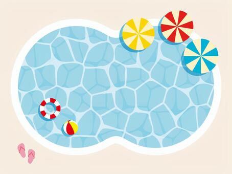 お洒落な円形のプールの俯瞰イラスト プール,パラソル,背景,夏,水面,模様,ビーチボール,ビーチサンダル,浮き輪,夏休みのイラスト素材