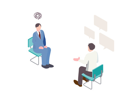 面接で困るアイソメイラスト 面接,面談,困る,悩む,沈黙,問題,質問,対話,対談,会話のイラスト素材