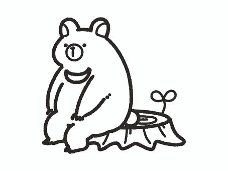 切り株に座るくま＿線画 熊,動物,生き物,切り株,座る,休憩,一休み,葉,木,自然のイラスト素材