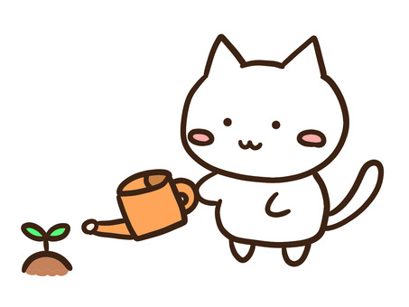 双葉に水やりをするかわいい白ねこ 双葉に水やりをするかわいい白ねこ 水やり,ジョウロ,持つ,水,育てる,ねこ,かわいい,手書き,ゆるい,シンプルのイラスト素材