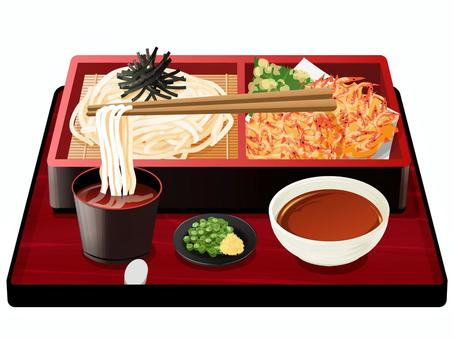 桜エビのかき揚げの天ざるうどん（箸上げ） 天ざるうどん,桜エビ,かき揚げ,うどん,和食,麺類,料理,食べ物,麺つゆ,ネギのイラスト素材