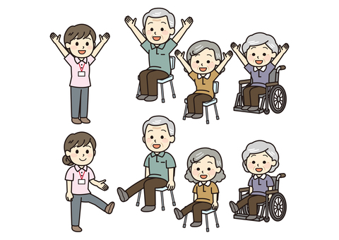 体操するシニアと介護士 体操,シニア,介護士,車椅子,バンザイ,運動,トレーニング,男女,介護ヘルパー,介護スタッフのイラスト素材