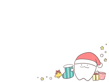 サンタの歯とクリスマスのフレーム背景 クリスマス,サンタ,靴下,星,ベル,プレゼント,歯,歯科,ゆるい,かわいいのイラスト素材