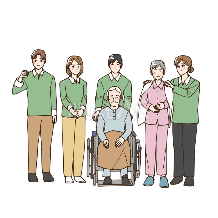 高齢者と明るい介護士たち 職業,仕事,元気のイラスト素材