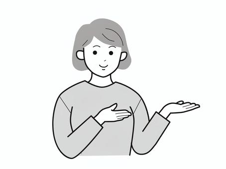 両手でどうぞとする女性2／白黒 上半身,長袖,両手,どうぞ,お勧め,女性,お母さん,ママ,学生,社会人のイラスト素材