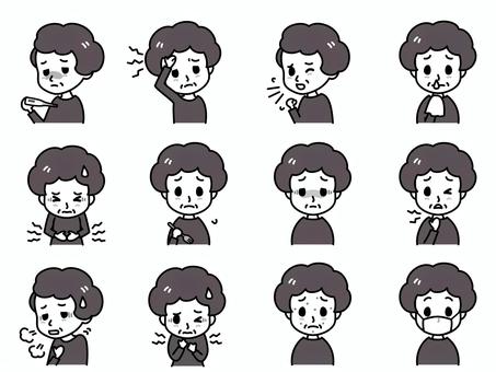 病気の症状　おばあさん　白黒 病気,おばあさん,症状,白黒,発熱,頭痛,咳,鼻水,腹痛,食欲不振のイラスト素材