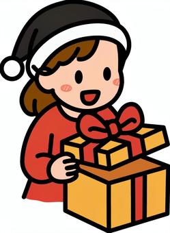 プレゼントを開ける黒の女の子です。 プレゼント,シンプル,ギフト,喜ぶ,受け取り,サプライズ,笑顔,贈り物,手渡し,お祝いのイラスト素材