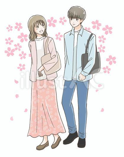 桜と男女カップルのイラスト(全身)