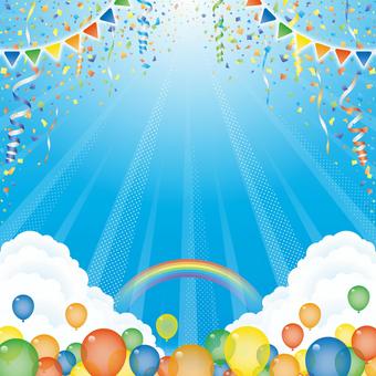 紙吹雪61 紙吹雪,リボン,風船,旗,虹,雲,空,背景,飾り,パーティーのイラスト素材